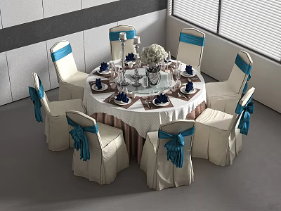 Round Dining Table With Beige Chairs Blue Bows White Tablecloth Tableware Vase And Candle Holders 3d model