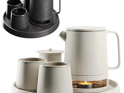 Modern Minimalist Tea Set With Black White Teapot Cups And Candle Holder Base 3d model