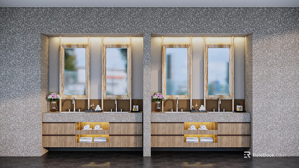 Modern Double Vanity Bathroom With Wooden Cabinets Stone Countertop And Mirror Lighting 3d model 