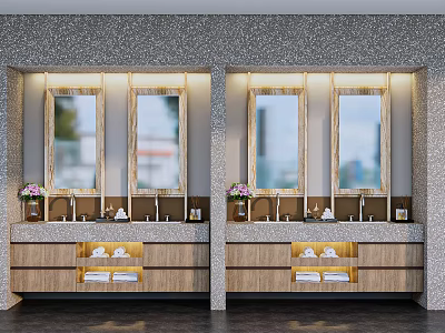 Modern Double Vanity Bathroom With Wooden Cabinets Stone Countertop And Mirror Lighting 3d model