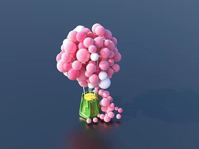 Colorful Pink And White Balloons Arrangement In Green Vase Against Dark Background 3d model