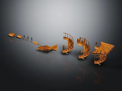 Brown Wooden Spiral Staircase Components Display With Steps Railings And Posts 3d model
