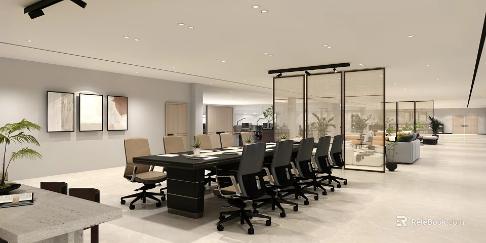 Modern Spacious Public Office Space With Long Conference Table Glass Partitions And Green Plants 3d model 