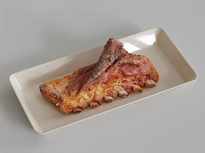 Juicy Brownish Red Roasted Ribs Served on White Rectangular Plate with Crispy Exterior 3d model