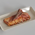 Juicy Brownish Red Roasted Ribs Served on White Rectangular Plate with Crispy Exterior