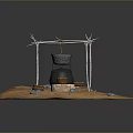 Traditional Camping Cooking Tools With Tripod Black Cauldron Clay Jars And Stones