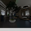 Modern Public Office Space With Wooden Elements Green Plants Curved Design And Blue Flooring