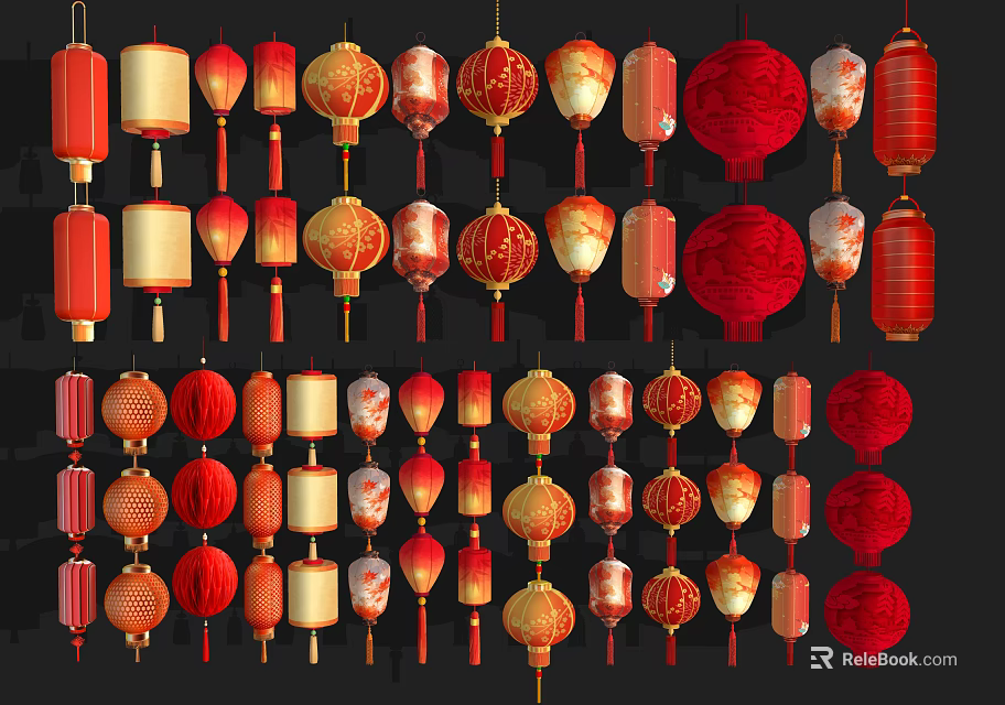 Traditional Chinese Hanging Lanterns With Various Styles Red Beige Colors And Tassels 3d model 