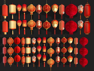 Traditional Chinese Hanging Lanterns With Various Styles Red Beige Colors And Tassels 3d model