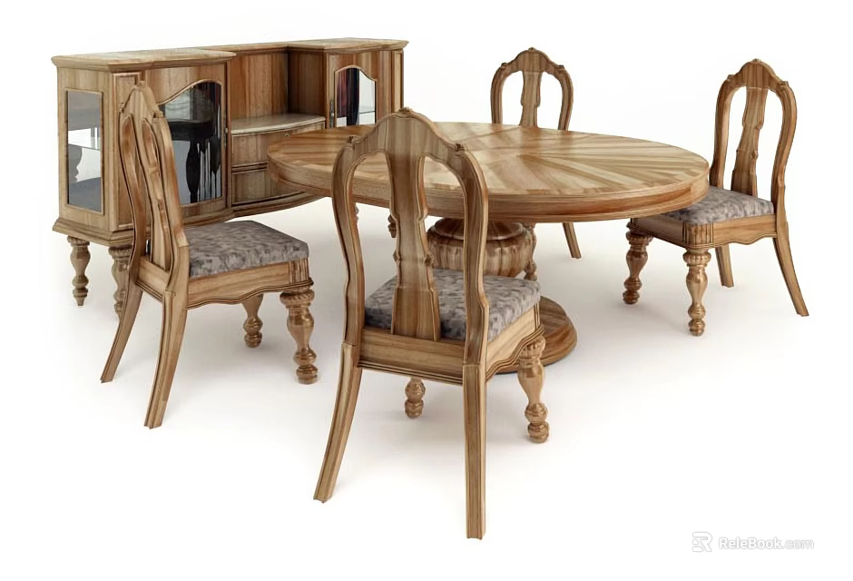 Classic Wooden Dining Table Set With Round Table Four Upholstered Chairs And Glass Door Sideboard 3d model 