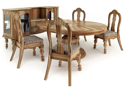 Classic Wooden Dining Table Set With Round Table Four Upholstered Chairs And Glass Door Sideboard 3d model
