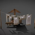 Garden Ornament Display Featuring Wooden Roofed Structure Clothesline White Clothes Buckets Basin And Bench
