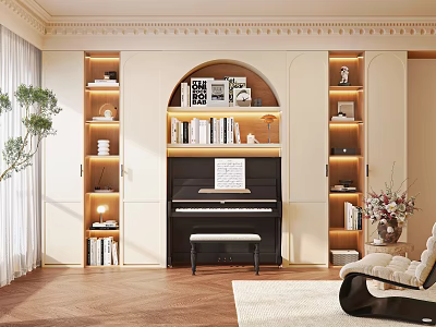 Modern Cream Style Bookcase Piano Cabinet Book Ornaments Decorative Painting Casual Chair Side Several Potted Plant Green Plant 3d model