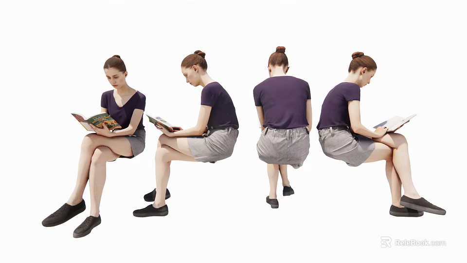 Women Sitting and Reading Books in Different Angles with Casual Postures 3d model 