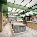 Bright Modern Dessert Shop Interior With Green Glass Ceiling Open Layout And Wooden Counters