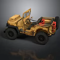 Vintage Yellow Military Jeep With Open Door Red Seats And Large Tires