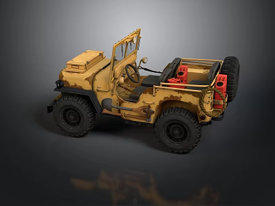 Vintage Yellow Military Jeep With Open Door Red Seats And Large Tires 3d model