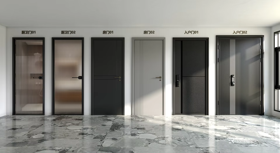Various Design Hinged Doors Showroom Display With Black Gray And Frosted Glass Features 3d model 