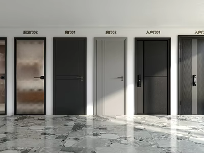 Various Design Hinged Doors Showroom Display With Black Gray And Frosted Glass Features 3d model