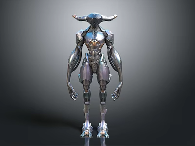 Futuristic Alien Creature With Metallic Exoskeleton And Horned Head Design 3d model