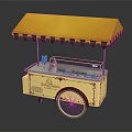 Vintage Yellow Wheeled Food Cart With Decorative Canopy And Display Window