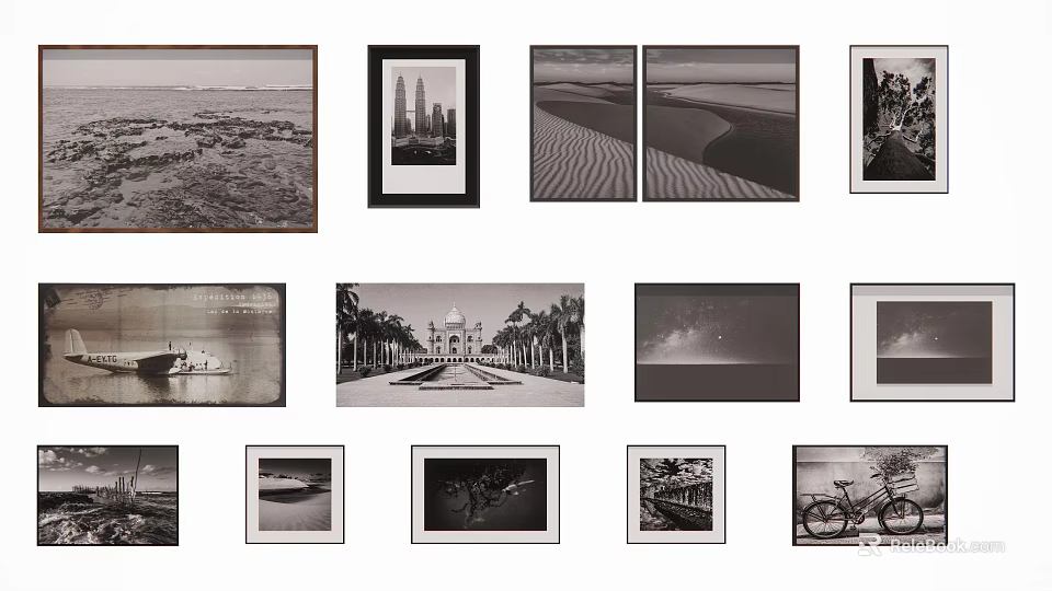 Gallery Wall Display of Black and White Photos with Landscapes Architecture and Bicycle 3d model 