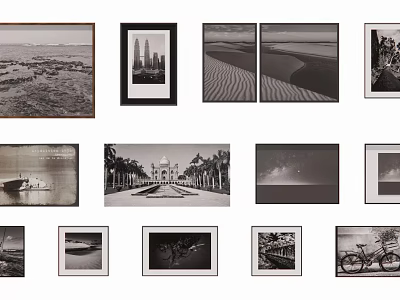 Gallery Wall Display of Black and White Photos with Landscapes Architecture and Bicycle 3d model