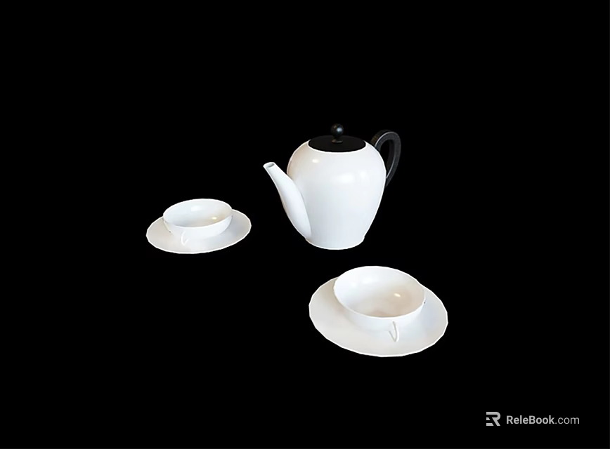 White Ceramic Teapot with Black Lid Handle and Two Teacups Saucers on Black Background 3d model 