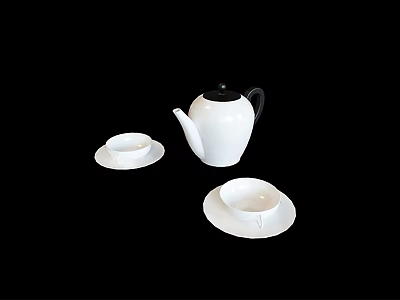 White Ceramic Teapot with Black Lid Handle and Two Teacups Saucers on Black Background 3d model