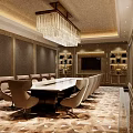 Luxury Conference Room Interior Design With Large Table Crystal Chandelier Wooden Bookcases And Patterned Carpet