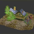 Small House Scene With Blue Roof Chimney Trees And Wooden Fence