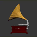 Vintage Gramophone With Yellow Flower Shaped Horn And Red Wooden Base