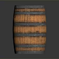 Rustic Wooden Barrel With Metal Hoops And Distressed Wood Texture Standing On Reflective Surface