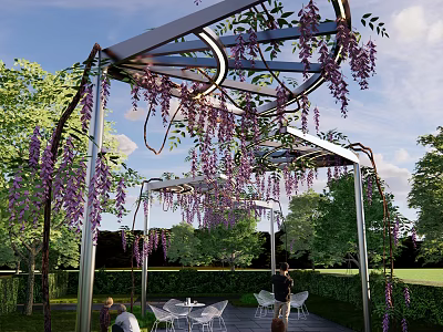 Wisteria Vines Covered Metal Pergola In Outdoor Garden With Tables And Chairs 3d model