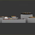 Assorted Foods Including Pizza Sushi And Paella On White Cube Display Stands With Chopsticks
