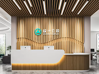 Modern Front Desk Reception With Wooden Accent Wall LED Strip Lighting And Company Logo 3d model