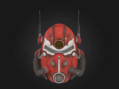 Red Futuristic Mechanical Helmet With Antennas And Breathing Hoses Design 3d model
