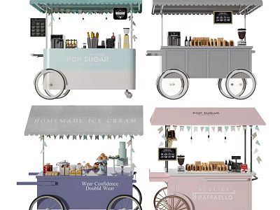 Functional Mobile Food Carts With Homemade Ice Cream Coffee Pastries And Display Shelves 3d model