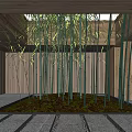 Tall Green Bamboo Indoor Space With Wooden Walls And Roof Structure