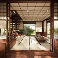 Traditional Tea Room Interior Design With Tatami Flooring Wooden Structure And Greenery View