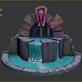 Cartoon Style Stone Fountain With Flowing Blue Water Decorative Arch And Stone Base