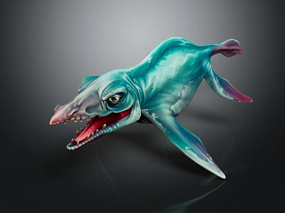 Blue Fish Crocodile Hybrid Monster Character For Game Movie With Open Mouth Sharp Teeth Fierce Eyes 3d model