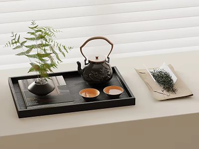 Traditional Tea Set Arrangement With Black Teapot Teacups Green Plant And Tea Leaves 3d model