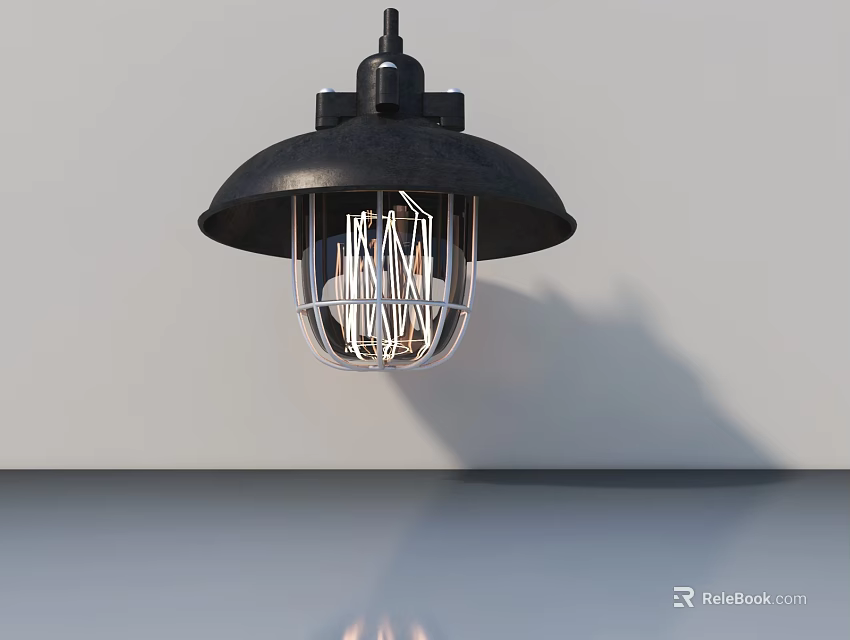 Industrial Style Black Pendant Light With Metal Cage Shade Mounted On White Wall 3d model 