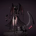 Game Movie Character With Horns Wings Glowing Scythe Combat Outfit
