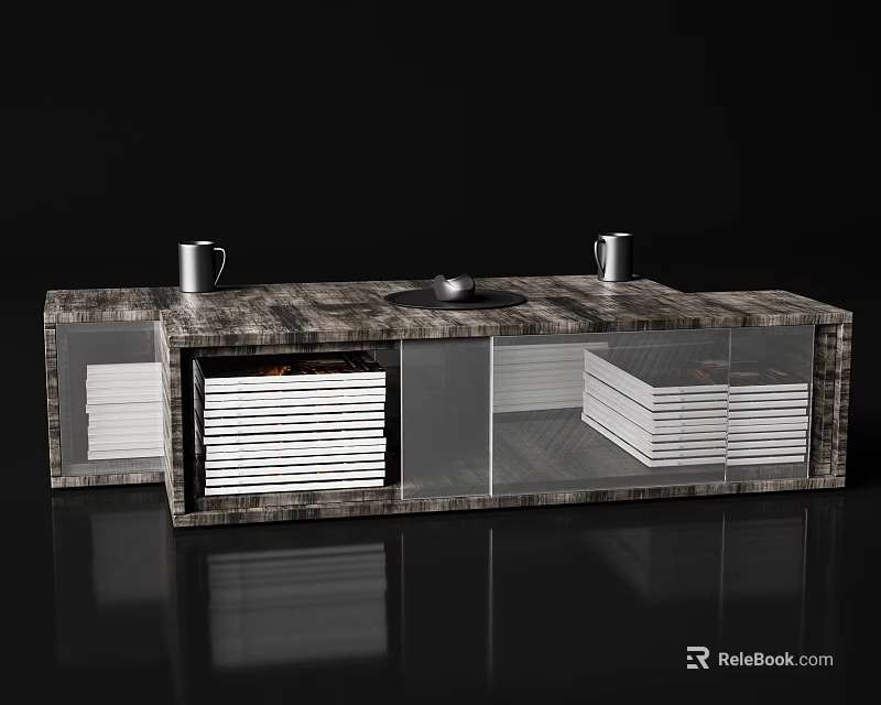 Wooden Hallway Cabinet Sideboard With Glass Doors Stacked Items And Metal Cups On Top 3d model 