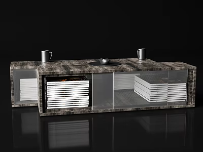 Wooden Hallway Cabinet Sideboard With Glass Doors Stacked Items And Metal Cups On Top 3d model