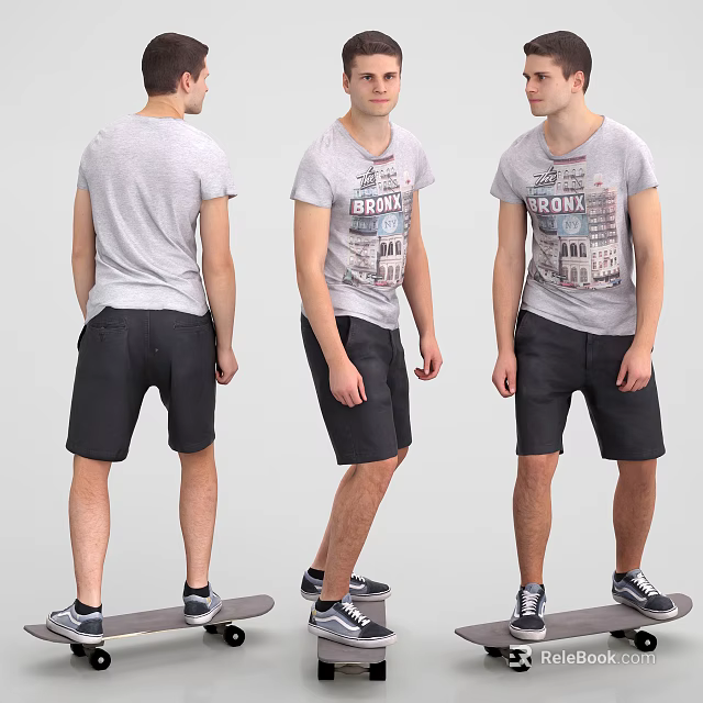 Man In Grey T-shirt With Brooklyn Print Black Shorts And Shoes From Different Angles 3d model 