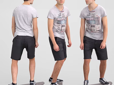 Man In Grey T-shirt With Brooklyn Print Black Shorts And Shoes From Different Angles 3d model