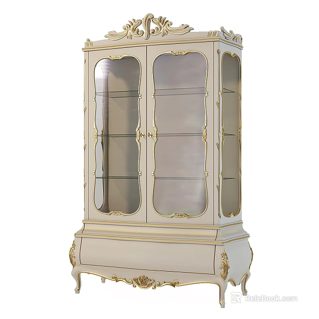 Elegant White Display Cabinet With Gold Accents Glass Doors And Ornate Design 3d model 